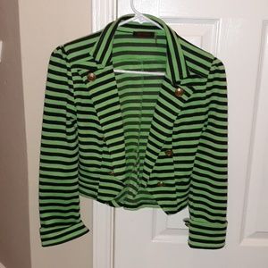 Green and black striped jacket with gold buttons